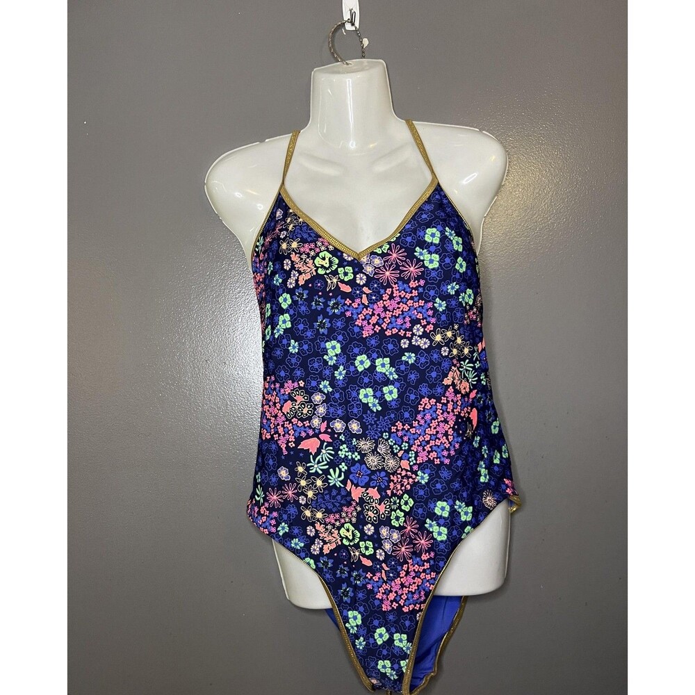 Aerie Swimsuit Womens XL Blue Floral One Piece Triangle Crisscross Back Strappy - Picture 2 of 12